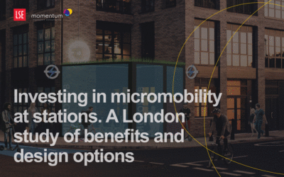 Image of a micromobility hub with the caption: Investing in micromobility at stations. A London study of benefits and design options. 